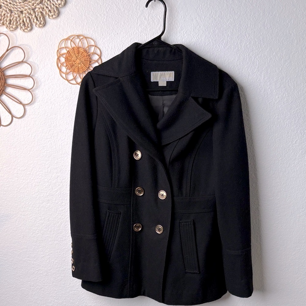 MICHAEL Michael Kors Black Pea Coat with Gold Buttons